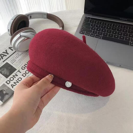 Rongyuege beret women's autumn and winter three-dimensional shape large head circumference woolen temperament high-end Korean style octagonal forward painter hat off-white one size (55-58CM)