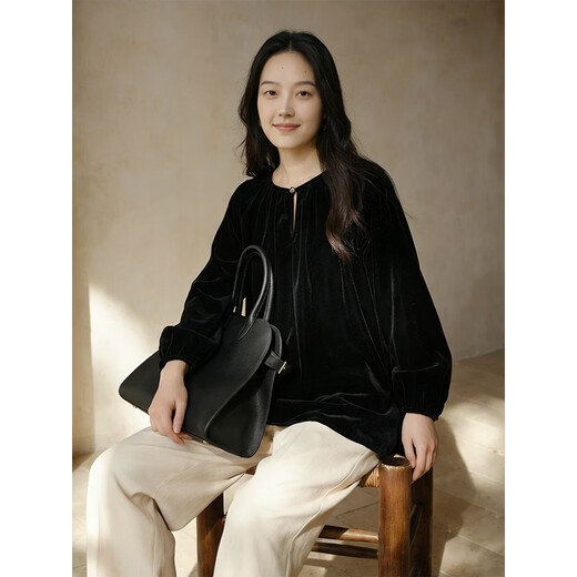 Zhibimo early spring velvet long-sleeved loose casual top for women 2026 new slimming one-button pullover black one-size-fits-all