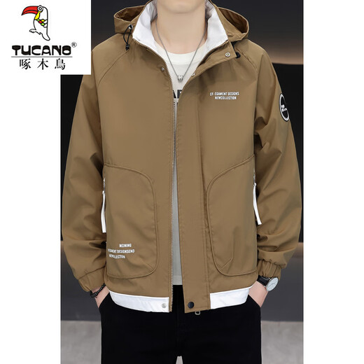 Woodpecker (TUCANO) hooded fashionable jacket men's spring printed jacket 2026 new style handsome and versatile thin coat black 3XL 110---130