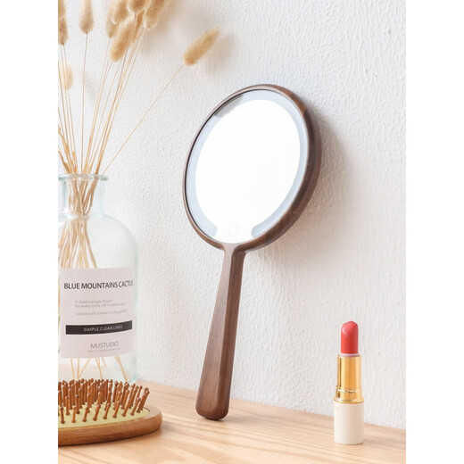 Espejo de maquillaje con mango LED de madera maciza, carga con vestidor portátil ligero y espejo de belleza, logotipo personalizado con letras de roble redondo