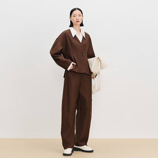 AUM Easy Suit 2025 Spring New Lamb Leg Sleeve Waist Tweed Short Jacket Wide Leg Pants Brown Jacket M