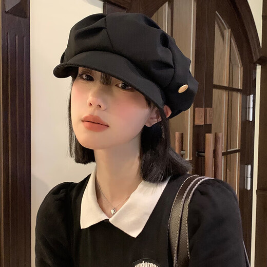 JIOESC beret hat women's autumn and winter sun visor octagonal hat versatile new big head circumference showing face small Korean version pleated beret black one size