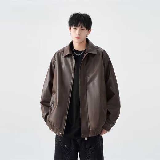 American high street PU lapel leather jacket for men and women in autumn and winter handsome loose motorcycle jacket black 2XL