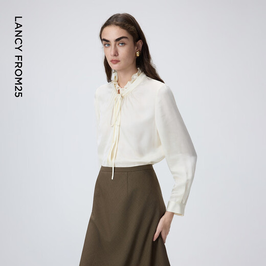 Langzi lace-up retro polka-dot shirt with earrings, elegant and gentle commuter style top for women, 2026 spring new style, off-white L