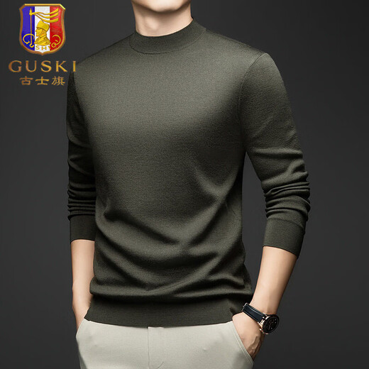 GUSKI light luxury brand high-end men's spring and autumn new wool sweater warm round neck sweater worsted casual bottoming shirt military green exquisite gift box S (165)