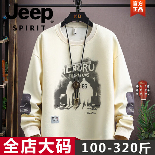 JEEP SPIRIT2026 Youth Cotton Casual 380g Sweater Boys Spring Loose Large Size Trendy T-shirt High School Student Tops Plus Size Men's Clothing-Apricot XL