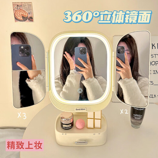 Cosmetic mirror desktop new style desktop light luxury dressing table multi-functional magnifying light LED mirror elegant pink + red ball * 3 + patch + bow