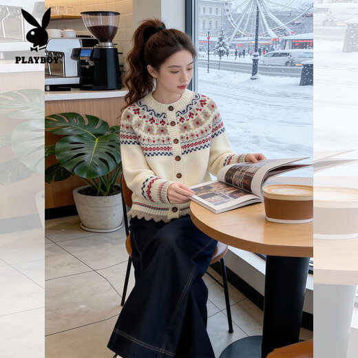 Playboy (PLAYBOY) Fair Isle jacquard retro sweater jacket for women 2026 spring new popular loose knitted cardigan style top white L 100--110Jin Jin equals 0.5 kg
