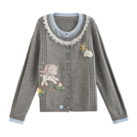Mori tribe sweet and cute lamb embroidery fake two-piece knitted cardigan for women new versatile loose sweater spring knitted cardigan single piece S model size