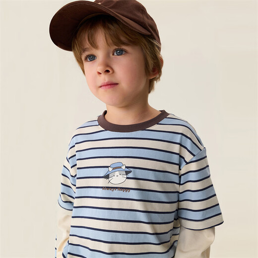 MARC&JANIE Mark Jenny striped cat boys pure cotton fake two-piece T-shirt baby tops 2026 spring new style 560019 blue and white stripes 90 cm (recommended height 81-90cm)