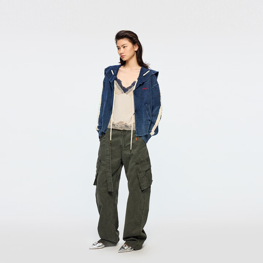 UOOYAA/Wuya 2026 Spring New Style Fantasy Undersea Navy Collar Drawstring Wool Cardigan Navy S