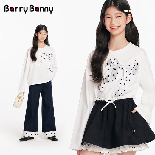 BARRY BANNY Girls' Bow T-shirt 2026 Spring Medium and Large Children's Pure Cotton Long-Sleeved Round Neck Casual Top Gardenia White 160