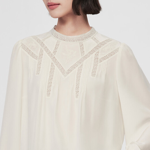 VGRASS26 Spring New 18MM Crepe de Chine Silk Temperament Small Stand-up Collar Partially Spliced Lace Small Top Xiangyun White S