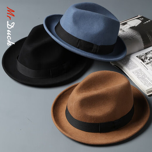 Mr DUCK new product British style curly top hat for men and women, retro British trendy wool soft felt hat, black jazz hat with large size MW186237-cyan blue (5cm small side S size (52-55cm)