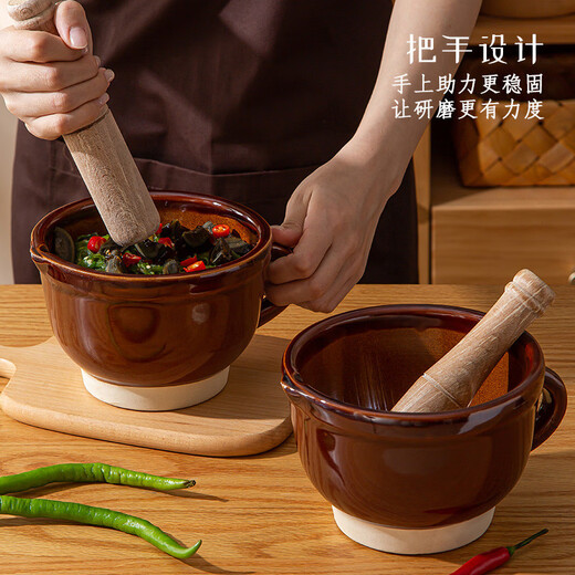 Sanqihu old-fashioned pepper pounding bowl for pounding pepper preserved eggs household ceramic pounding bowl tool for mashing garlic garlic paste garlic mortar 480ml round mouth anti-splash large four-season floral fragrance No tooth marks on the inner wall