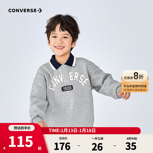 Converse Children's Clothing Boys' Shirts 2025 Autumn New Children's College Style Girls' Comfortable and Versatile Polo Collar Tops Rock Ridge Gray 140/68 Recommended Height 128-140cm