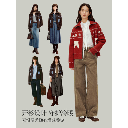 INMAN velvet-feel jacquard lapel sweater 2025 autumn women's new warm knitted cardigan jacket brown XL