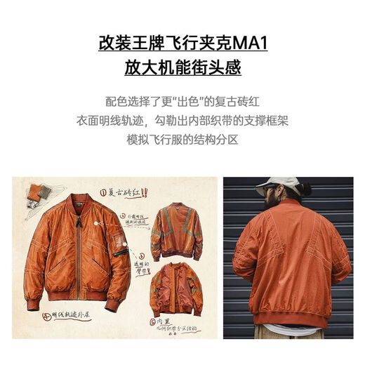 Madden Workwear Fire Pulse MA1 Jacket Bomber Bomber Pilot Jacket Thin Baseball Jacket Men's Spring Brick Red + Thunderbird Chapter S