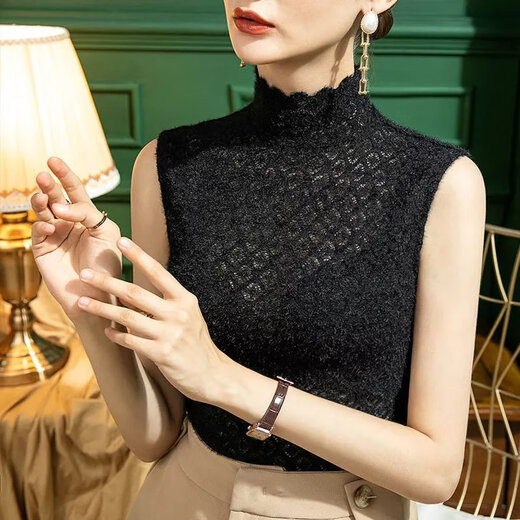 Zhidoudou Temperament sexy Stehkragen-Spitzenhemd für Damen, gebürstet, ärmellos, Frühling und Herbst, kariertes Rollkragen-Weste-Innenoberteil #1048 Aprikose S Empfohlen 80-95Jin Jin entspricht 0,5 kg