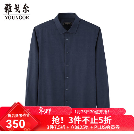 雅戈尔（YOUNGOR）衬衫男士秋冬青年男长袖衬衫羊毛混纺面料可机洗衬衫 藏青色素色VLQW119709FBA 39 （170/88A）
