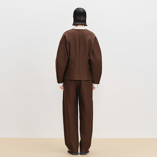 AUM Easy Suit 2025 Spring New Lamb Leg Sleeve Waist Tweed Short Jacket Wide Leg Pants Brown Jacket M