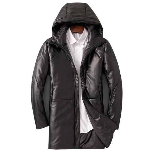 YISHION Winter New Haining Leather Clothes Men's Mid-Length Korean Style Slim Youth Hooded Leather Windbreaker Casual Jacket Black M