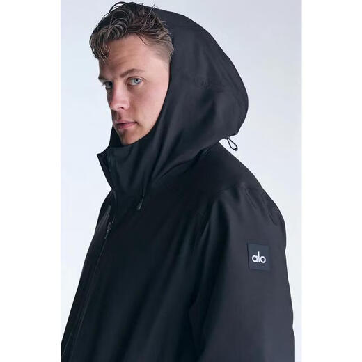 ALO YOGA men's casual jacket is simple and versatile, water-repellent, warm, windproof, adjustable brim, black polyester fiber, Black, one size fits all | M