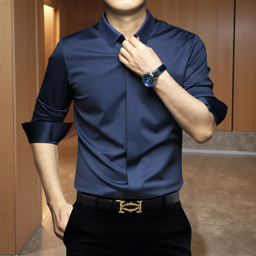 GEA light luxury men's shirt men's elastic slim fit seamless ironing-free anti-wrinkle business casual solid color men's long-sleeved shirt dark blue M recommended 120Jin Jin is equal to 0.5 kg within