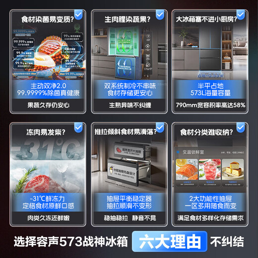 Rongsheng 526 upgraded model Ares 573L French multi-door four-door refrigerator large capacity dual system ultra-thin embedded first-class energy efficiency air-cooled frost-free household BCD-573N40FQLAD gray