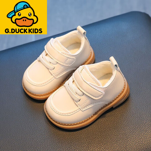G.duck Little Yellow Duck Winter New Baby Girl Toddler Shoes Boys Small Leather Shoes Plus Velvet Soft Sole Small Baby Shoes British Style Off-White Plus Velvet Foot Length +0.5cm Choose Inner Length 17 125mm