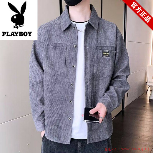 Playboy Corduroy Jacket Men's Spring and Autumn Shirt Long Sleeve Men's Youth Cardigan Loose Casual All-match Shirt Clothes Men's Dark Gray M