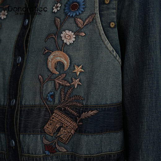 Dayiyan original design embroidered shirt 2026 spring new cotton and linen denim shirt fashionable and versatile mid-length loose still blue S