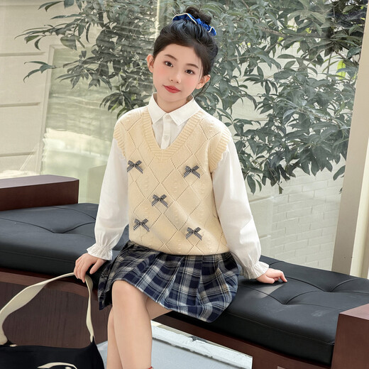 Girls spring fake two-piece tops 2026 new medium and large children's fashionable patchwork shirts children's fashionable children's clothing apricot 140