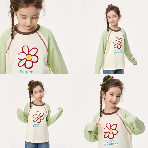 Xiaoyinman children's clothing girls pure cotton T-shirt cartoon letter printing 26 spring new style long-sleeved bottoming shirt for middle and large children green 140