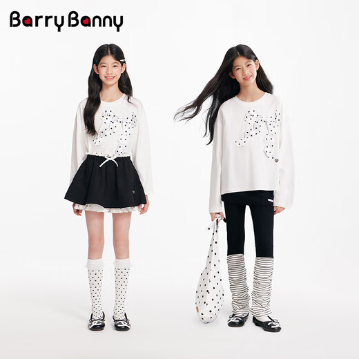 BARRY BANNY Girls' Bow T-shirt 2026 Spring Medium and Large Children's Pure Cotton Long-Sleeved Round Neck Casual Top Gardenia White 160
