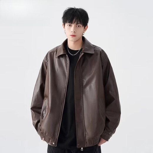 American high street PU lapel leather jacket for men and women in autumn and winter handsome loose motorcycle jacket black 2XL