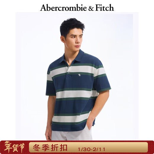 Abercrombie & Fitch Striped POLO Little Elk Pattern Men's 25 Summer American POLO Short Sleeve T-Shirt Navy Blue S (175/92A)