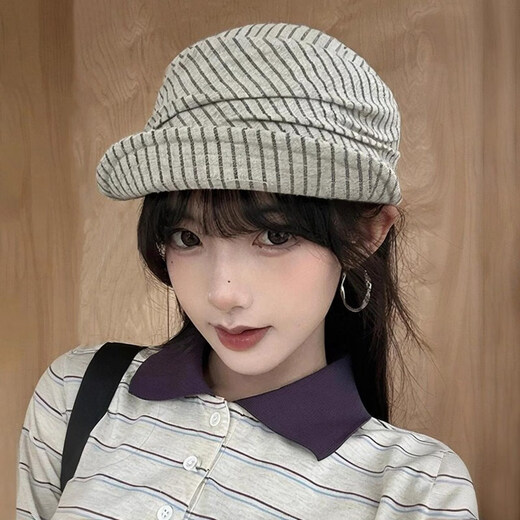 Retro pleated striped flip-up brim cross iron mark newsboy hat for women spring and summer breathable and small face black one size (54-59cm)