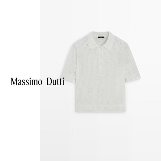 Massimo Dutti spring and summer new product 2026 women's simple hollow POLO collar sweater 05613542 off-white XS (165/84A)