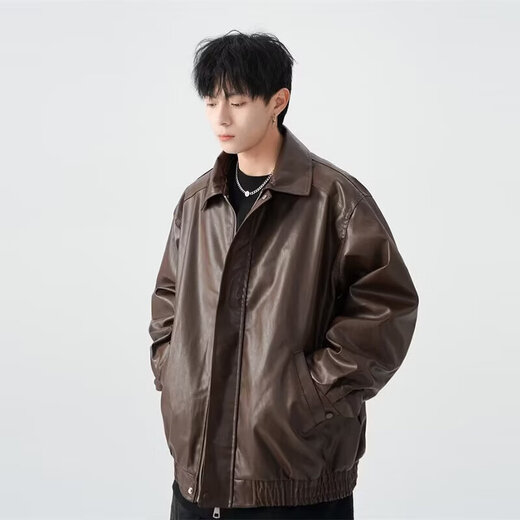 American high street PU lapel leather jacket for men and women in autumn and winter handsome loose motorcycle jacket black 2XL