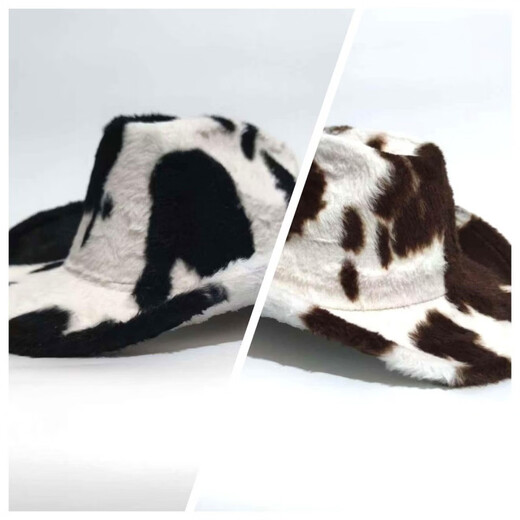 Shijanu Autumn and Winter New Cow Western Cowboy Hat Fashion Plush Thickened Internet Celebrity Hat Warm Hat Trendy Plush Hat Black and White One Size