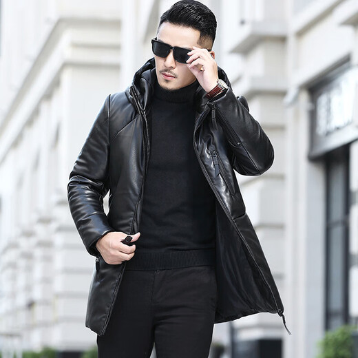 YISHION Winter New Haining Leather Clothes Men's Mid-Length Korean Style Slim Youth Hooded Leather Windbreaker Casual Jacket Black M