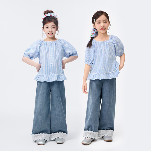 Xiaoyinman children's clothing girls plaid shirt lace hem 26 summer large children puff sleeve casual top blue grid 120