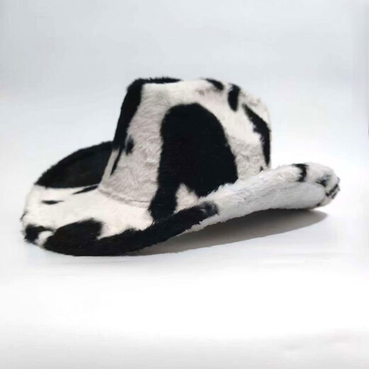Shijanu Autumn and Winter New Cow Western Cowboy Hat Fashion Plush Thickened Internet Celebrity Hat Warm Hat Trendy Plush Hat Black and White One Size