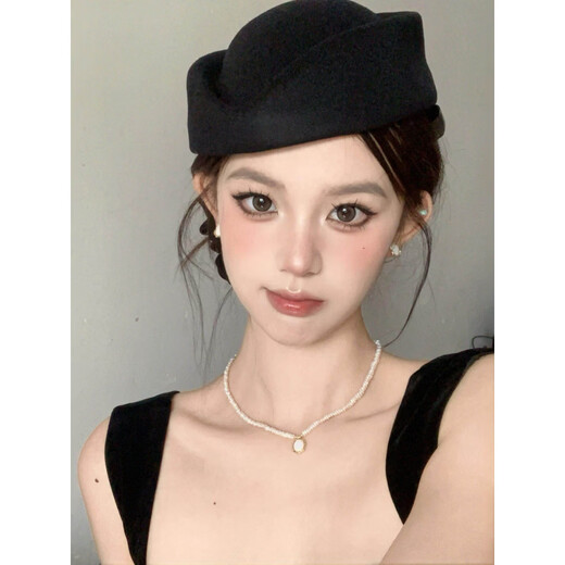 Shijanu retro Hepburn style black flat top hat women's French elegant beret black stewardess hat