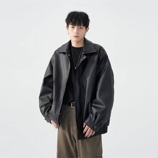 American high street PU lapel leather jacket for men and women in autumn and winter handsome loose motorcycle jacket black 2XL
