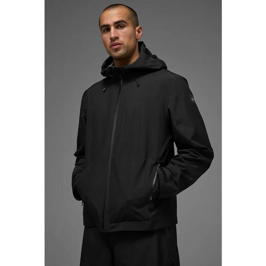 ALO YOGA men's casual jacket is simple and versatile, water-repellent, warm, windproof, adjustable brim, black polyester fiber, Black, one size fits all | M