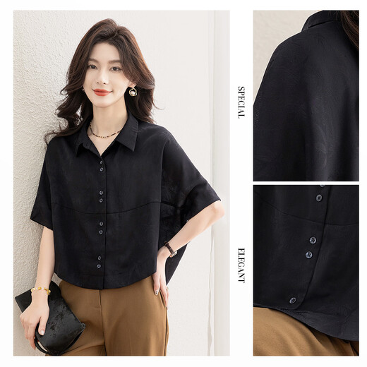 Sibaishe Lapel Shirt 2026 Spring New Women's Quarter Sleeve Simple Loose Commuting Short Shirt Black L