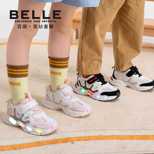 Belle (Belle) children's shoes 26 spring new boys flash shoes mesh breathable casual sports shoes girls trendy student running shoes white/pink 23 suitable for feet about 13.9-14.3cm