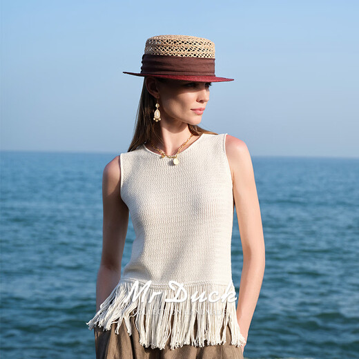 Mr DUCK Extra Fine Natural Wheat Straw Raffia Straw Hat French Elegant Flat Top Hat Women's Fashionable Style Hollow Sun Hat Raw Grass/Burgundy (Lightweight and Breathable) M(55-57cm)